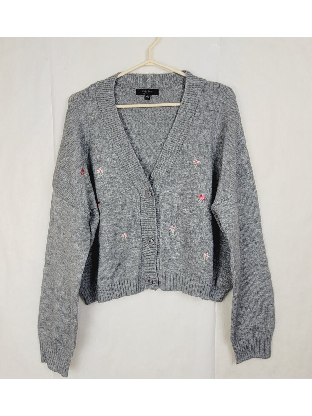New Witty Fox grey embroidered dainty flowers cardigan sweater Size XL Cottage